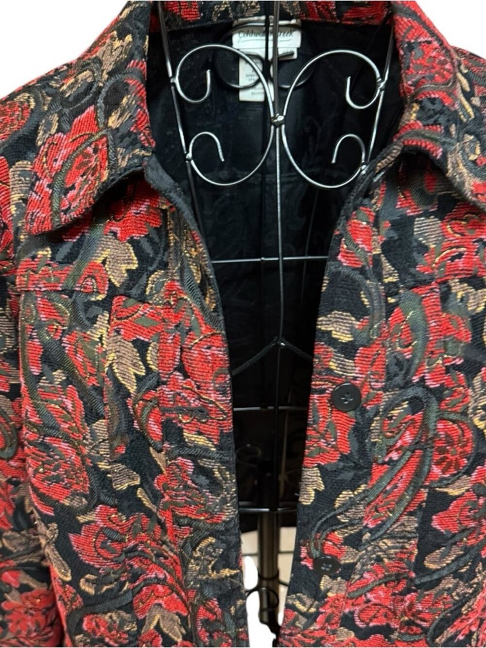 Coldwater Creek Reversible Red and Black Floral Tapestry and Satin Jacket Medium